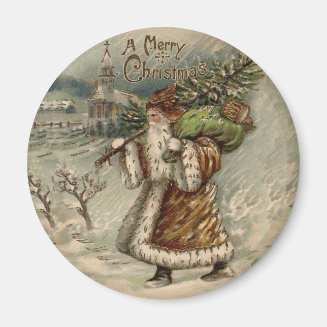 Skriv ut vintage Jultomten Art Julgran Magnet (Framsidan)