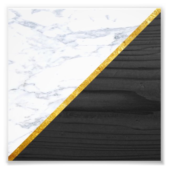 Skriv ut vit marble Guld och svart Wood Photo Prin Fototryck (Framsidan)