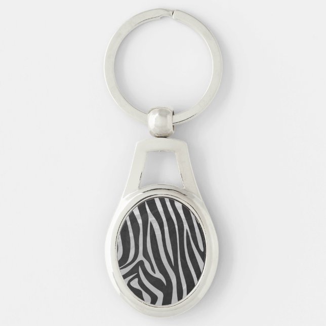 Skriv ut Zebra Black och Light Grått Ovalt Silverfärgad Nyckelring (Framsidan)