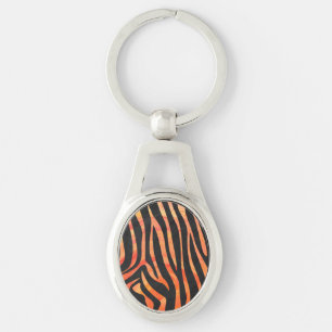 Skriv ut Zebra Black och Orange Ovalt Silverfärgad Nyckelring