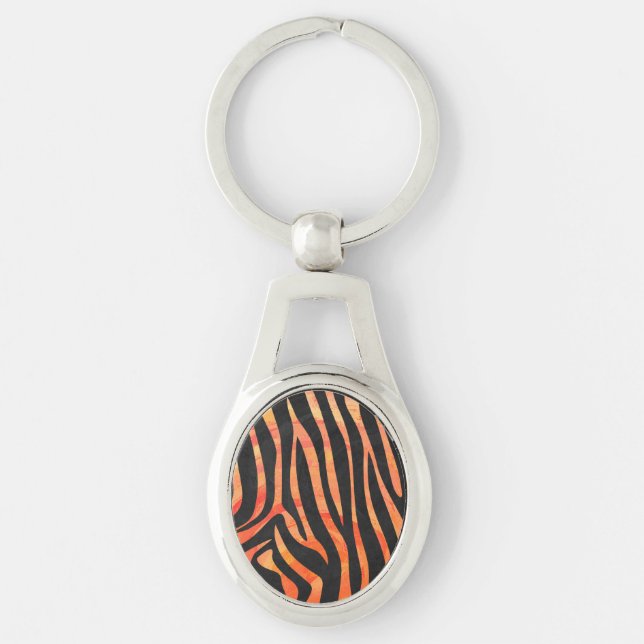 Skriv ut Zebra Black och Orange Ovalt Silverfärgad Nyckelring (Framsidan)