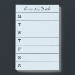 Skriva namn lätt - veckoblått att göra listar post-it block<br><div class="desc">Planera ut dina viktigaste uppgifter och förpliktelser Måndag till och med söndag med ett ljust - blått som veckoplanner/to listar med ditt namn i en svart, skrivar upptill stilsorten. Dagarna av veckan delas in i den storleksanpassade jämliket - ror med det första brev av varje dag på det vänstert. Skräddarsy...</div>