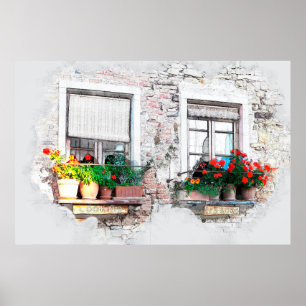 Skriva, och bläck skissar av blommor på fönstret poster