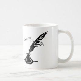 Skriva på! Quillbläck på en kaffekopp