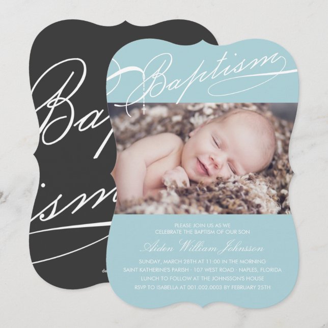 Skrivad religiösa för foto för blått för inbjudningar (Fram/baksida)