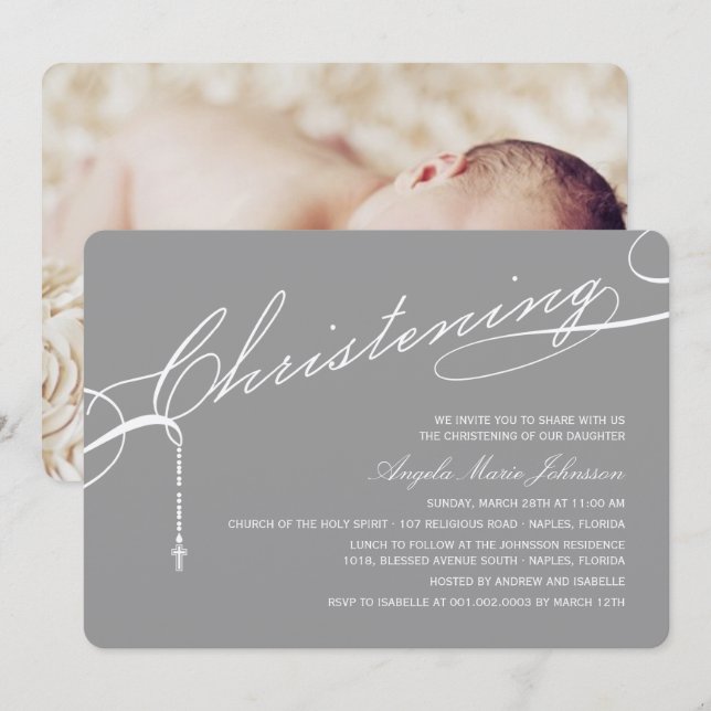 Skrivad religiösa för foto för Christeningkorgrått Inbjudningar (Fram/baksida)
