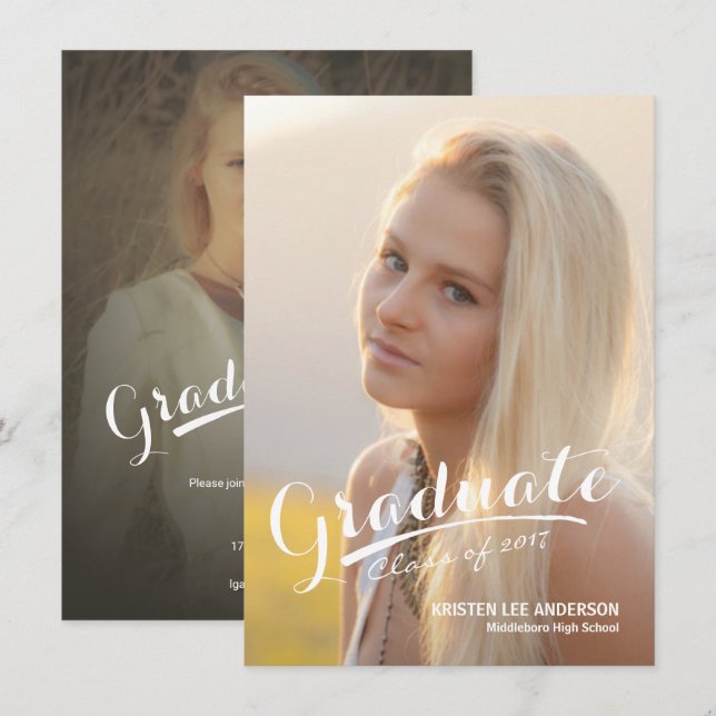 Skrivar elegant vit för studenten överdrar fotoet inbjudningar (Fram/baksida)