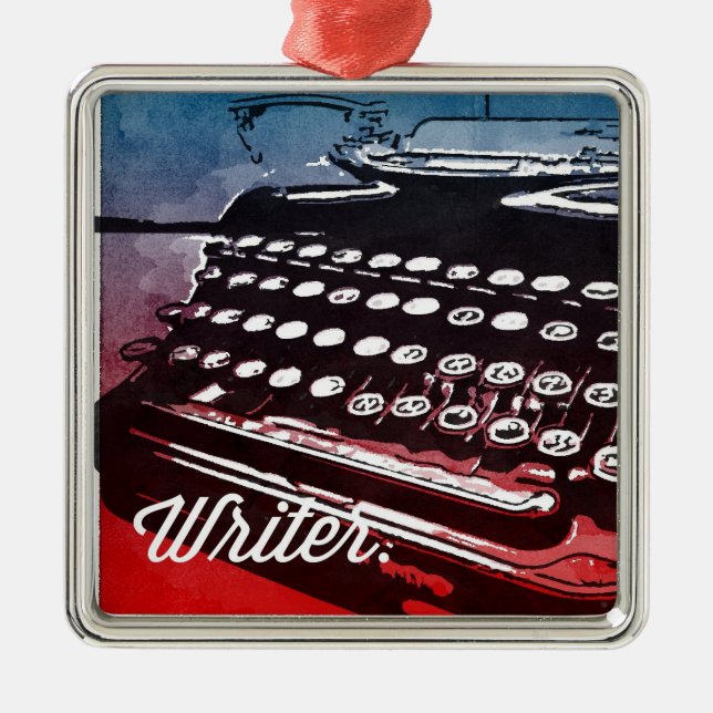 Skrivare med skrivmaskin Blue Red Pop Art Julgransprydnad Metall (Framsidan)