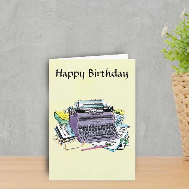 Skrivarens Verktyg skrivmaskin Pappra pennfödelsed Kort (Purple manual vintage typewriter books paper pens for writers on Happy Birthday yellow greeting card)