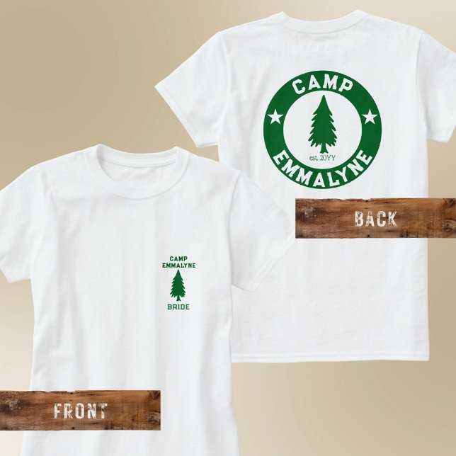 Skrivarfack för Personlig av kamera, framsida och  T Shirt (Camp Bride t-shirt with front and back print. Personalize one for each camper at your Camp Bach)