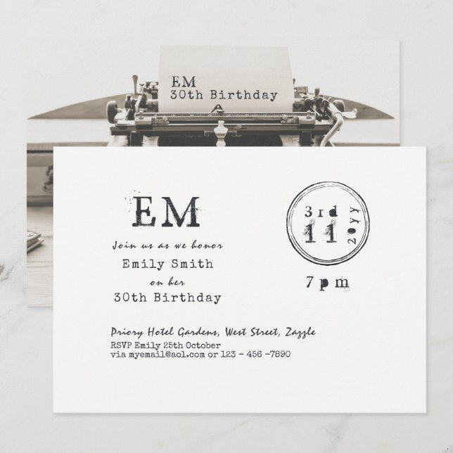 Skrivarfont Födelsedagsinbjudan (ALLA) Vintage blä Inbjudningar (Fram/baksida)