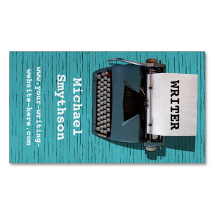Skrivarförfattare Retro Typewriter på Blue Wood Magnetiska Visitkort