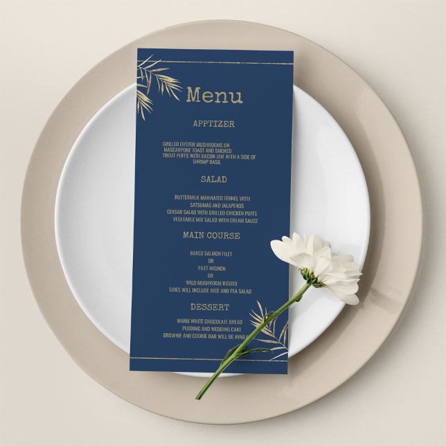 Skrivartypsnitt Bröllop Menu för marin blå guld lö Program (Navy blue gold leaf typewriter font Wedding Menu)