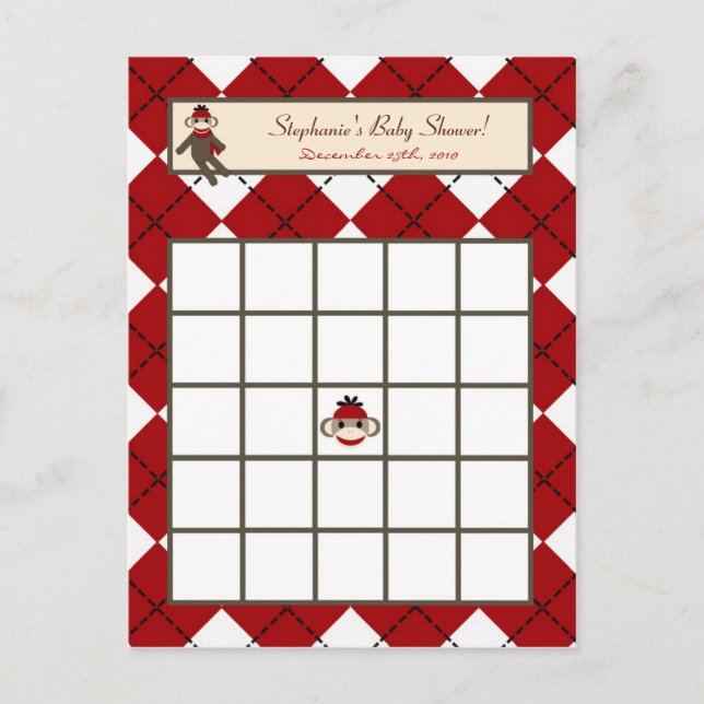 Skrivbar Bingo Card Red Sock monkey Argyle Inbjudan Vykort (Framsida)