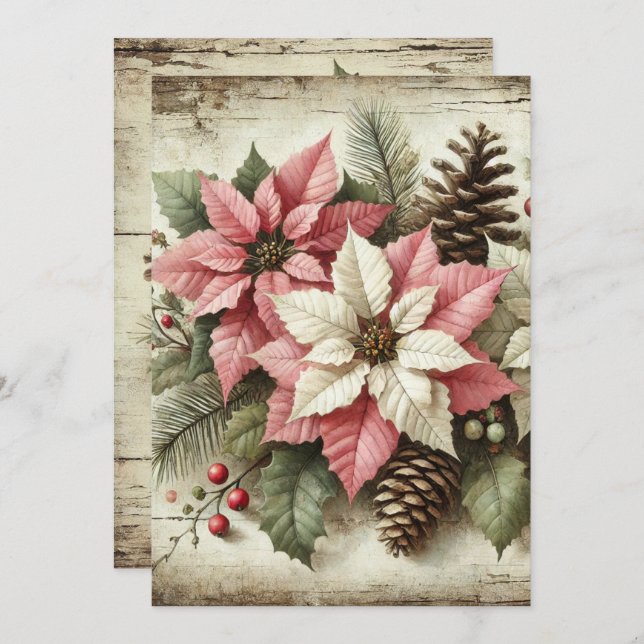 Skrivbar Rustic Watercolor Winter Poinsettia Inbjudningar (Fram/baksida)