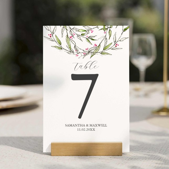 Skrivbara Bordsnummer Jul Botanicals (Table number template features unique watercolor and line art botanicals by Victoria Grigaliunas)