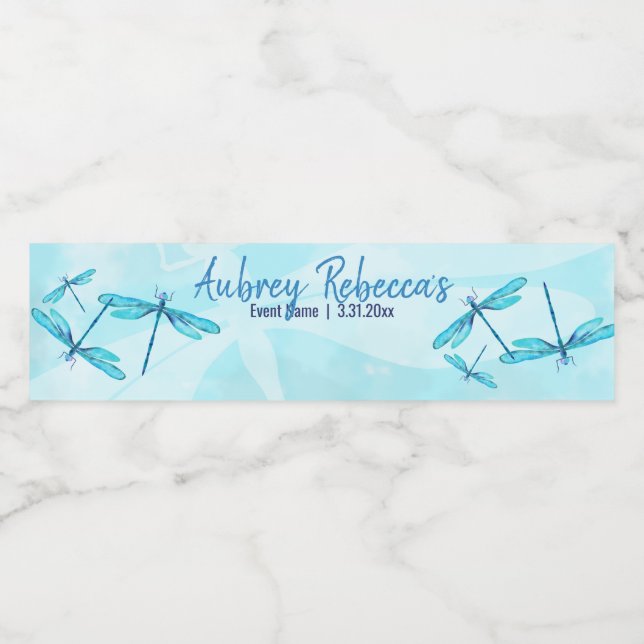 Skrivbara turkosa trollsländas vattenflasketikette vattenflaskor etikett (Singel etikett)