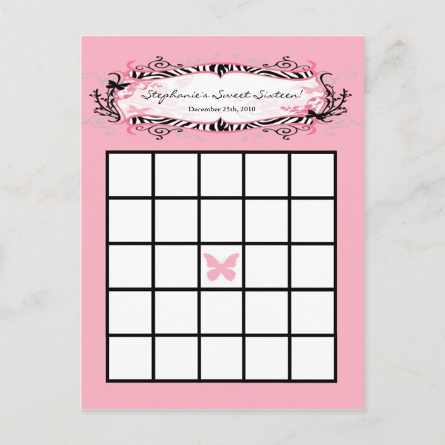 Skrivbart Bingo Card Girly Butterfly Zebra tryck Vykort (Framsida)
