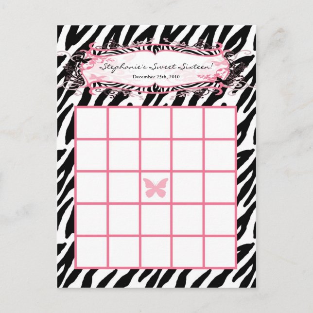 Skrivbart Bingo Card Girly Butterfly Zebra tryck Vykort (Framsida)