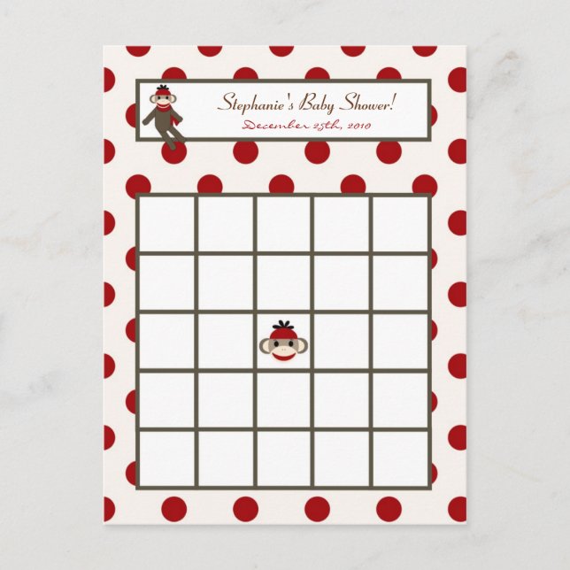 Skrivbart Bingo Card Red Sock monkey Inbjudan Vykort (Framsida)