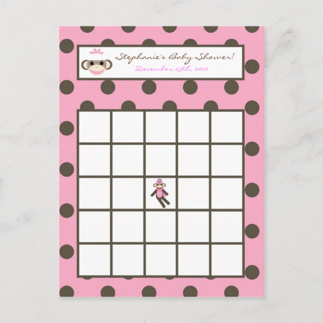 Skrivbart Bingo Card Rosa Sock monkey Inbjudan Vykort (Framsida)