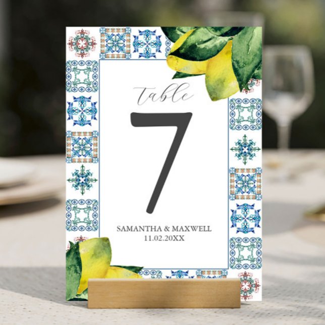 Skrivbart Bordsnummer Amalfi Tile & Lemons (Amalfi tile and watercolor lemons wedding theme table number by Victoria Grigaliunas Do Tell A Belle)