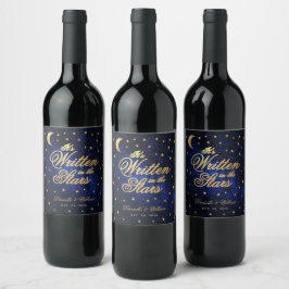 Skriven i Stars Celestial Bröllop Blue Guld Vinflaska Etikett