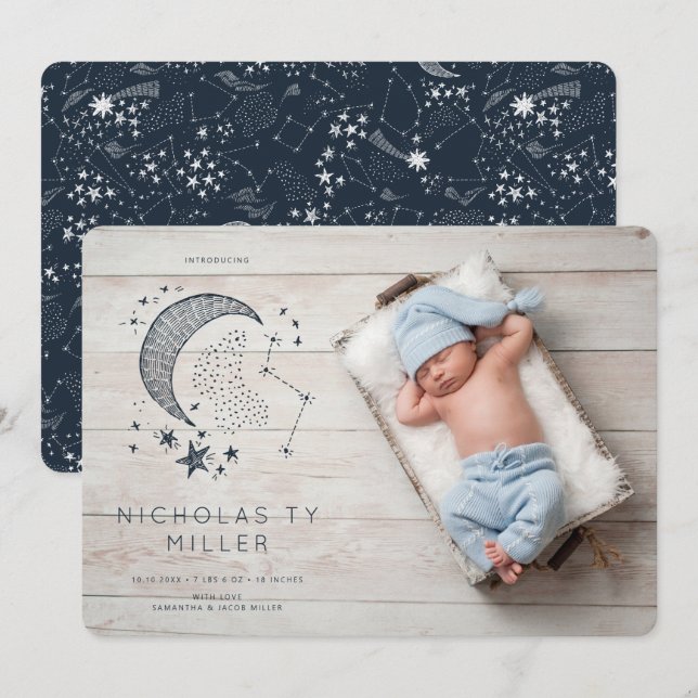 Skriven i Stars Constellation Birth Announce Inbjudningar (Fram/baksida)