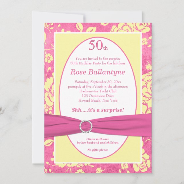 SKRIVEN RIBBON Rosa Gult 50:e födelsedagen Inbjuda Inbjudningar (Framsida)