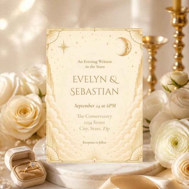 Skrivet i stjärnorna Celestial Guld Bröllop Inbjudningar (Elegant cream and gold celestial wedding invitation with moon, stars, Art Deco border.)