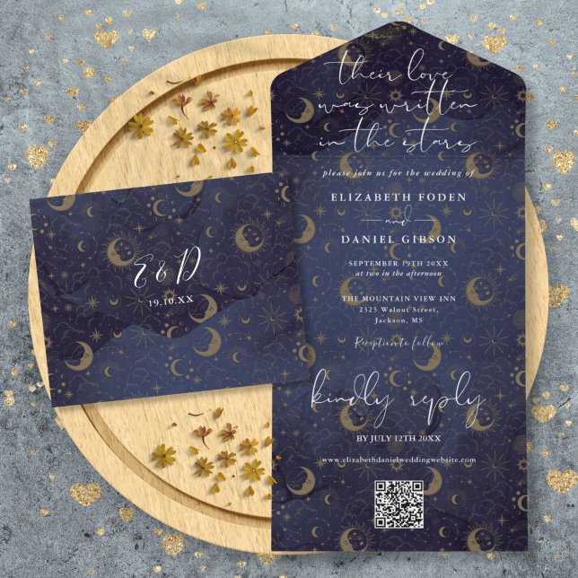 Skrivet i stjärnorna Celestial QR-kod Bröllop (Written In The Stars Celestial QR Code Wedding All In One Invitation)