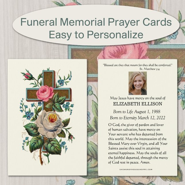Skrivkort för Christian Funeral Memorial Scripture Visitkort (Christian Catholic Funeral Memorial Prayer Cards with Scripture verse & roses)