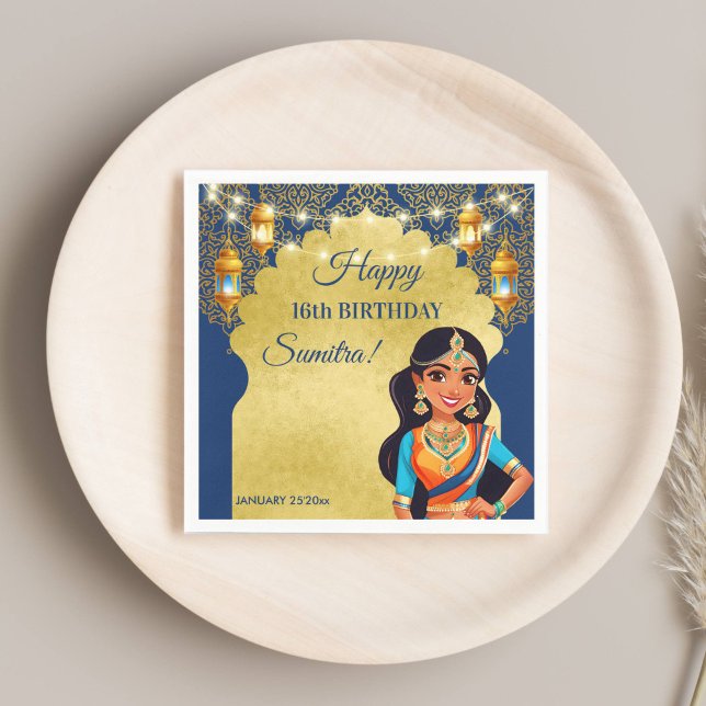 Skrivmall för indiska stil flick kalas pappersservett (Indian style girls birthday party printed template napkins personalized table decor blue and gold)