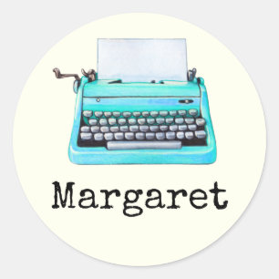 Skrivmaskin med Namn Girly Aqua Retro 60 s Runt Klistermärke