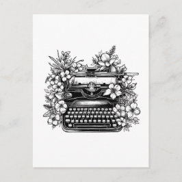 Skrivmaskin och blommor vykort