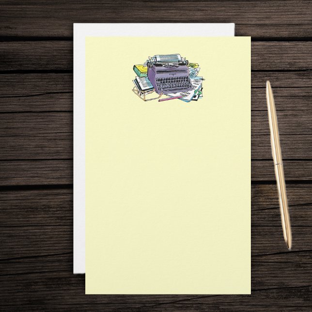 Skrivmaskin Stationary Brevpapper (Purple manual old fashioned typewriter, books, pencils for writers on yellow stationery paper.)