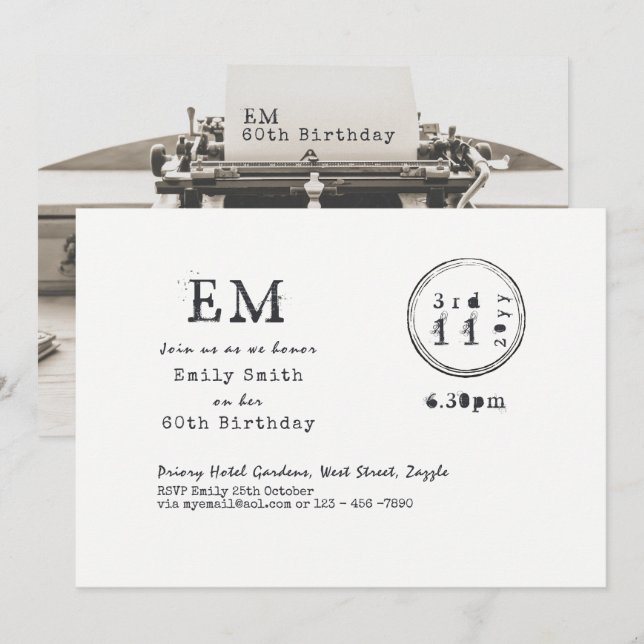 Skrivmaskinsfont 60-års födelsedagsinbjudningar Vi Inbjudningar (Fram/baksida)