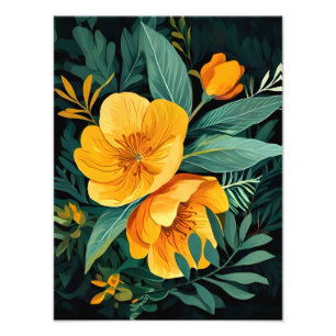 Skruva Gula blommor på svart Fototryck