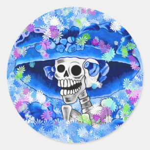 Skruva Skeleton Woman i Blue Bonnet Runt Klistermärke