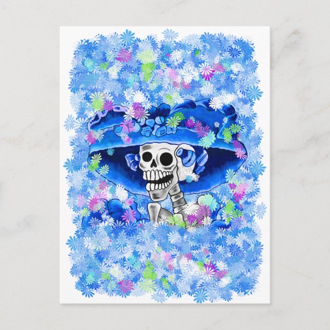 Skruva Skeleton Woman i Blue Bonnet Vykort (Framsida)