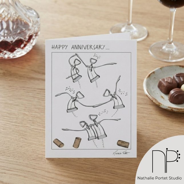 Skruvad Utan Dig Romantik Vinkorkskruv Kort (Screwed Without You Romance Card features hand-drawn black ink corkscrews dancing the samba)