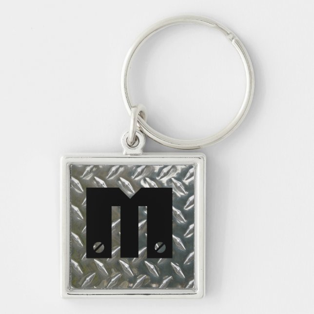 Skruvat på initialt - Aluminum Checkerplate Fyrkantig Silverfärgad Nyckelring (Framsidan)