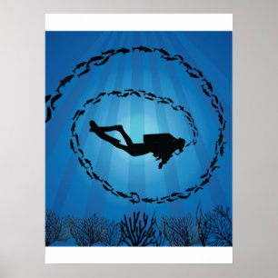 Skuba Diver i en fiskchock Poster