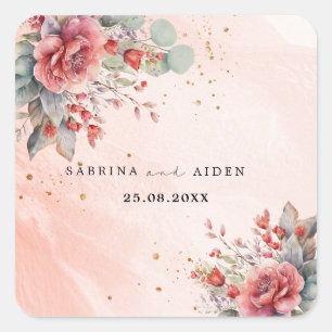 Skugga av Rosa Peach Dusty Blue Bröllop Fyrkantigt Klistermärke