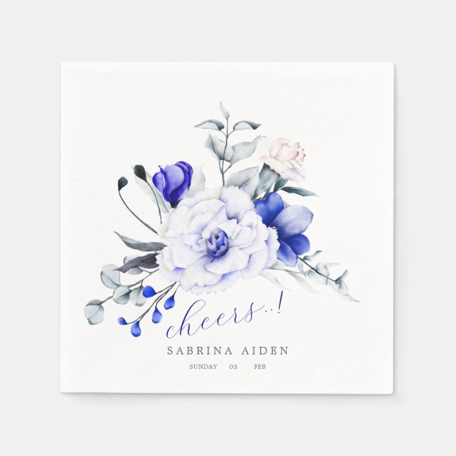 Skugga av Royalet Blue Ivory Blommigt Bröllop Pappersservett (Framsidan)