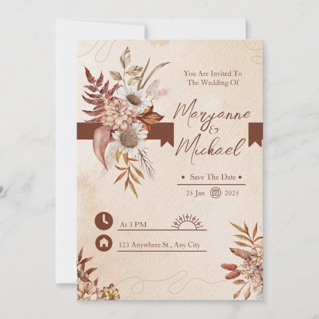Skugga och brun Blommigt Vattenfärg Spara datum Inbjudningar (Framsida)