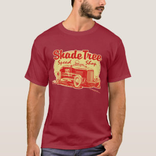 Skugga träd rusar shoppar rött tee shirt