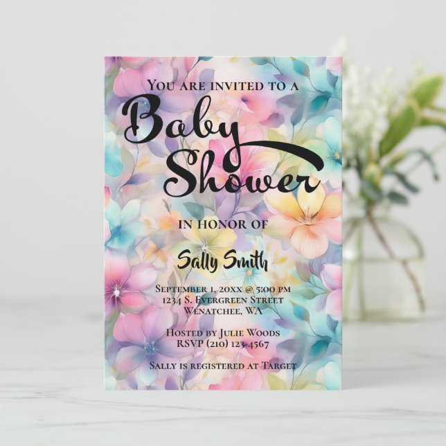 Skuggad inbjudan till babykläder för pastellblommo (Stående Fram)
