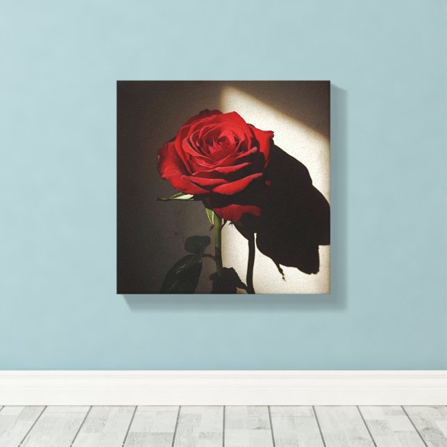 Skuggad Röd ros - Dramatisk Chiaroscuro-Blommigt A Canvastryck (Insitu (trägolv))