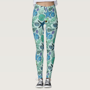 Skuggar av blåttsnäckskal och sjöstjärnamönst leggings